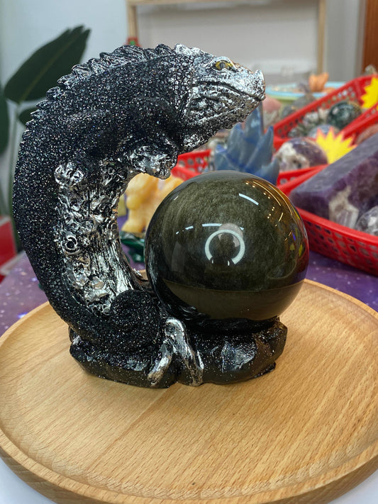 Sliver black obsidian sphere set